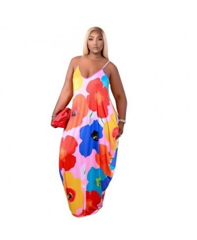 Women Plus Size Dress Print Sleeveless Strap V-neck Loose Long Maxi Dress with Pockets Fashion Vestidos Summer Outfits $37.36...