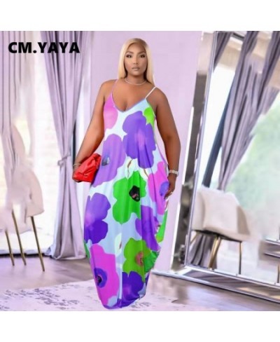 Women Plus Size Dress Print Sleeveless Strap V-neck Loose Long Maxi Dress with Pockets Fashion Vestidos Summer Outfits $37.36...