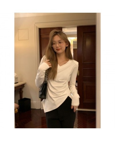 Irregular Hem V-neck Shoulder Pad Pure to Slim Top Slim Stretch Inside Take Long Sleeved Leggings Female Winter $22.70 - Tops...