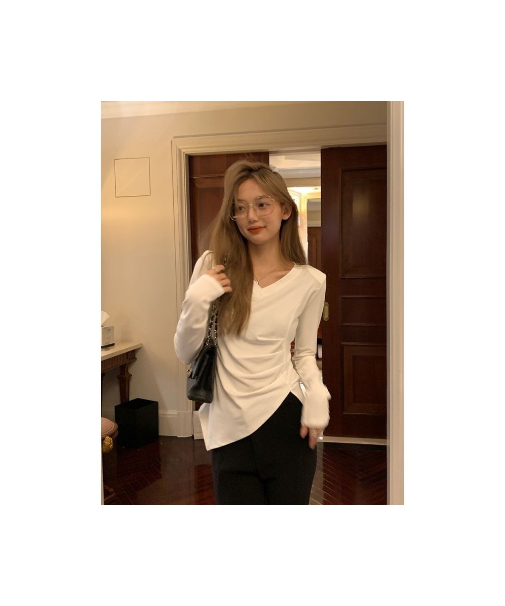 Irregular Hem V-neck Shoulder Pad Pure to Slim Top Slim Stretch Inside Take Long Sleeved Leggings Female Winter $22.70 - Tops...