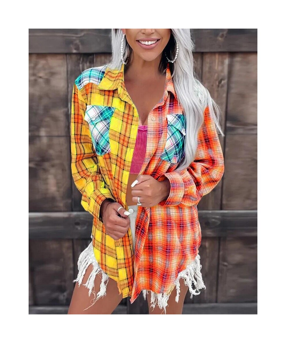 Women Fashion Shirt Lady Long Sleeve Blouse Colorblock Plaid Print Button Down Shirt Casual Autumn Shirts Femme $44.13 - Wome...