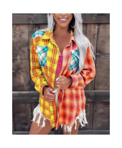 Women Fashion Shirt Lady Long Sleeve Blouse Colorblock Plaid Print Button Down Shirt Casual Autumn Shirts Femme $44.13 - Wome...