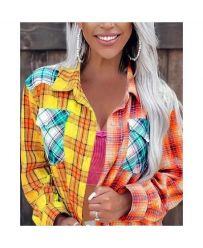 Women Fashion Shirt Lady Long Sleeve Blouse Colorblock Plaid Print Button Down Shirt Casual Autumn Shirts Femme $44.13 - Wome...