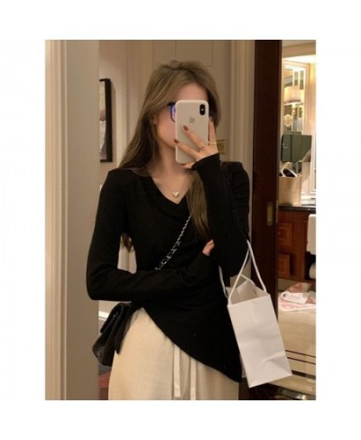 Irregular Hem V-neck Shoulder Pad Pure to Slim Top Slim Stretch Inside Take Long Sleeved Leggings Female Winter $22.70 - Tops...