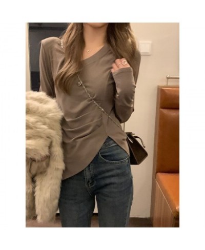 Irregular Hem V-neck Shoulder Pad Pure to Slim Top Slim Stretch Inside Take Long Sleeved Leggings Female Winter $22.70 - Tops...