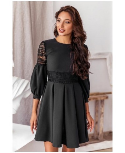 Fashion Women's Black Lace A-Line Dress O Neck 3/4 Sleeves Elegant Ball Slim Dresses Party Vintage Vestidos $28.67 - Dresses