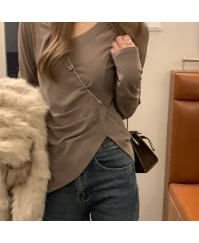 Irregular Hem V-neck Shoulder Pad Pure to Slim Top Slim Stretch Inside Take Long Sleeved Leggings Female Winter $22.70 - Tops...