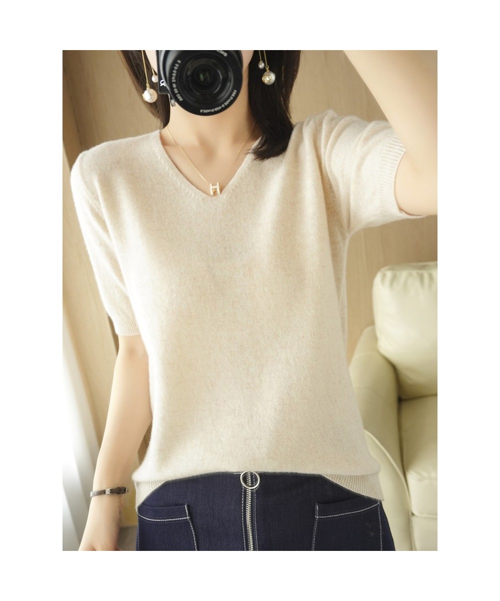 Spring and Summer New Short-sleeved Women V-neck Slim Cotton Blend Pullover Vest T-shirt Knitted Base Casual Knit Sweater $29...