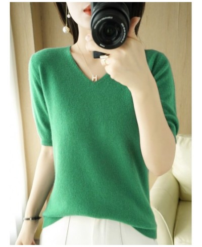 Spring and Summer New Short-sleeved Women V-neck Slim Cotton Blend Pullover Vest T-shirt Knitted Base Casual Knit Sweater $29...