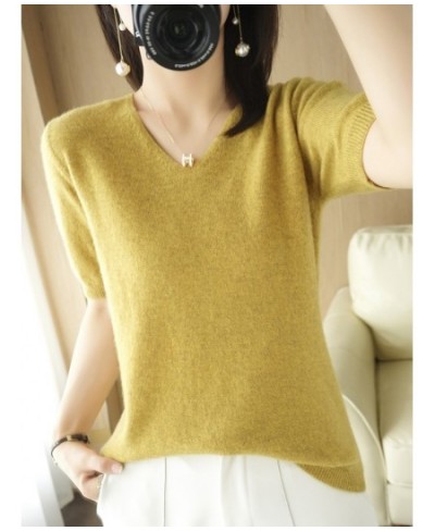 Spring and Summer New Short-sleeved Women V-neck Slim Cotton Blend Pullover Vest T-shirt Knitted Base Casual Knit Sweater $29...