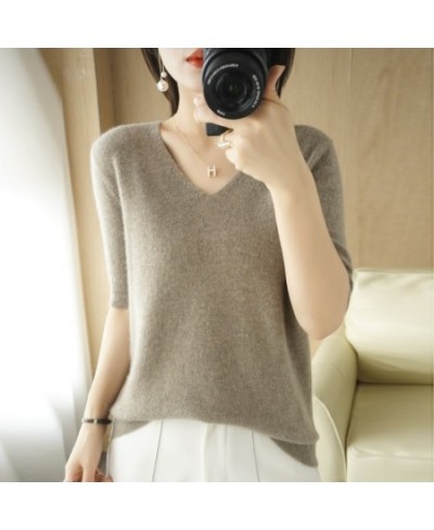 Spring and Summer New Short-sleeved Women V-neck Slim Cotton Blend Pullover Vest T-shirt Knitted Base Casual Knit Sweater $29...