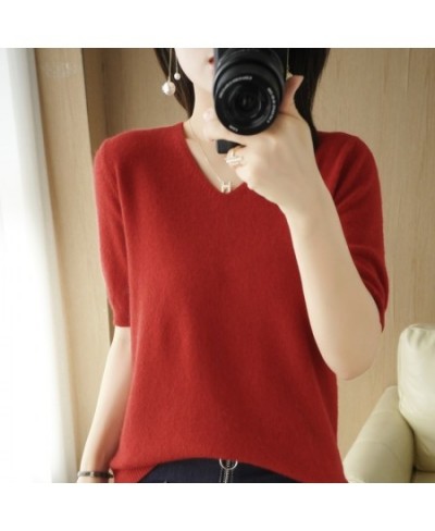 Spring and Summer New Short-sleeved Women V-neck Slim Cotton Blend Pullover Vest T-shirt Knitted Base Casual Knit Sweater $29...