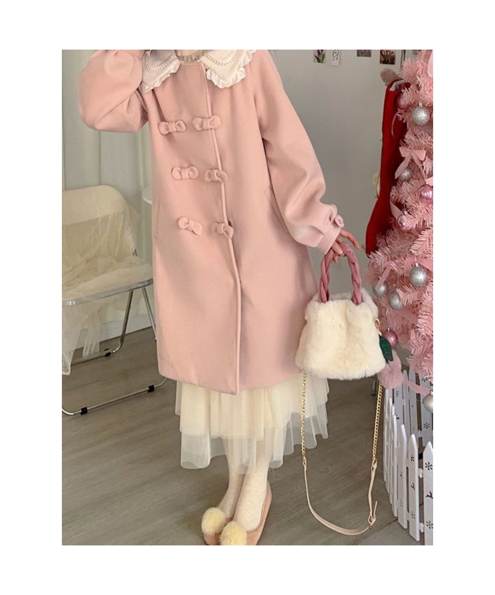 2022 Winter Pink Kawaii Warm Wool Coat Women Bow Sweet Long Outerwear Jackets Female Korean Fashion Designer Thick Overcoat N...