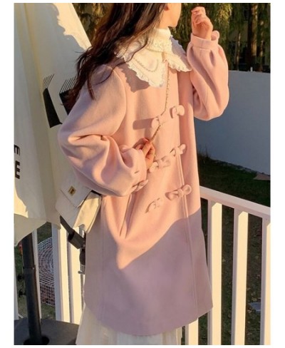 2022 Winter Pink Kawaii Warm Wool Coat Women Bow Sweet Long Outerwear Jackets Female Korean Fashion Designer Thick Overcoat N...