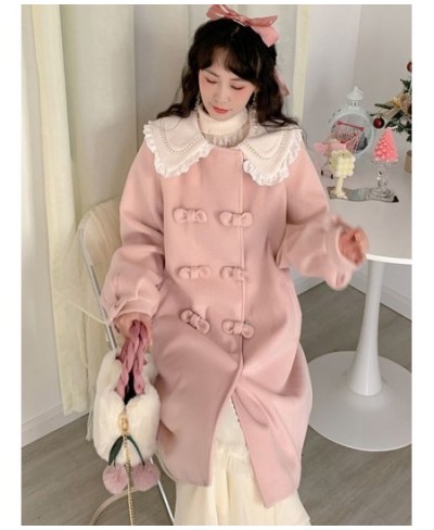 2022 Winter Pink Kawaii Warm Wool Coat Women Bow Sweet Long Outerwear Jackets Female Korean Fashion Designer Thick Overcoat N...