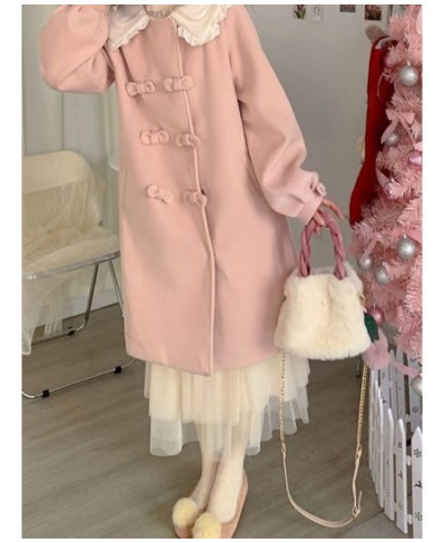 2022 Winter Pink Kawaii Warm Wool Coat Women Bow Sweet Long Outerwear Jackets Female Korean Fashion Designer Thick Overcoat N...