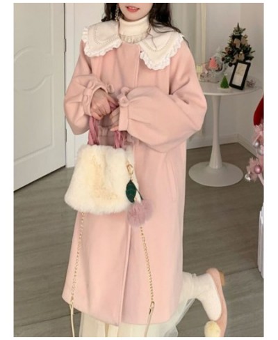 2022 Winter Pink Kawaii Warm Wool Coat Women Bow Sweet Long Outerwear Jackets Female Korean Fashion Designer Thick Overcoat N...