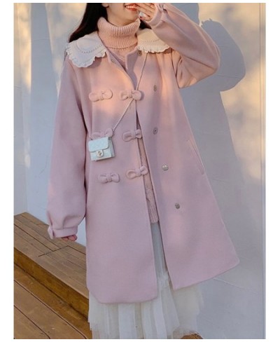 2022 Winter Pink Kawaii Warm Wool Coat Women Bow Sweet Long Outerwear Jackets Female Korean Fashion Designer Thick Overcoat N...