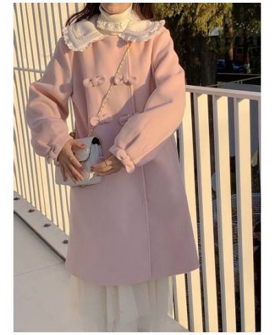 2022 Winter Pink Kawaii Warm Wool Coat Women Bow Sweet Long Outerwear Jackets Female Korean Fashion Designer Thick Overcoat N...