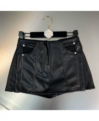 2022 Autumn Winter Fake Two Piece Black Pu Faux Leather Short Skirt Women GG875 $58.77 - Bottoms