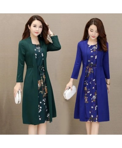 Women Print Casual Dress Lace Up Waist Fake Two Peice Dress Vintage O-Neck Long Sleeve Dress Elegant Plus Size Bodycon Dress ...