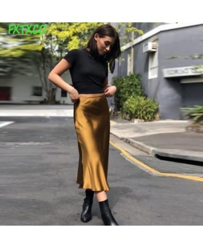 Fashion Gold Satin Office Lady Skirts Saia Mujer Faldas Mid -Calf Casual Elegant Women Clothes Party Formal Wear Custom Made ...