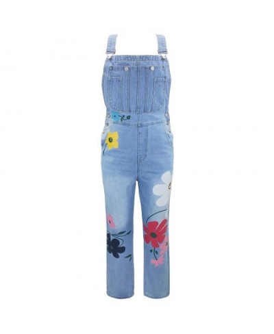 Casual Denim Workwear Summer 2023 Retro Blue Jeans Loose Straight Leg Jumpsuit Flower Printed Mom Denim Trousers Suspenders $...