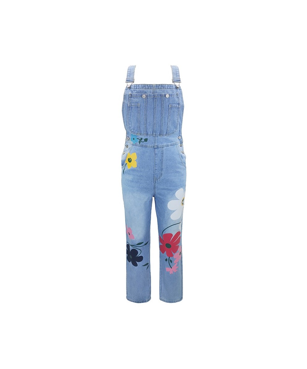 Casual Denim Workwear Summer 2023 Retro Blue Jeans Loose Straight Leg Jumpsuit Flower Printed Mom Denim Trousers Suspenders $...