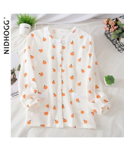 Women's Cotton Pajamas Double-Layer Cotton Crepe Sleep Tops Long Sleeve Loose Cardigan Sleepwear Sleeping Clothes Women Shirt...