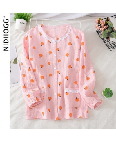 Women's Cotton Pajamas Double-Layer Cotton Crepe Sleep Tops Long Sleeve Loose Cardigan Sleepwear Sleeping Clothes Women Shirt...