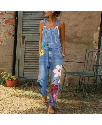 Casual Denim Workwear Summer 2023 Retro Blue Jeans Loose Straight Leg Jumpsuit Flower Printed Mom Denim Trousers Suspenders $...