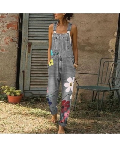 Casual Denim Workwear Summer 2023 Retro Blue Jeans Loose Straight Leg Jumpsuit Flower Printed Mom Denim Trousers Suspenders $...