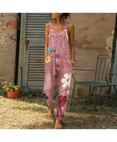 Casual Denim Workwear Summer 2023 Retro Blue Jeans Loose Straight Leg Jumpsuit Flower Printed Mom Denim Trousers Suspenders $...