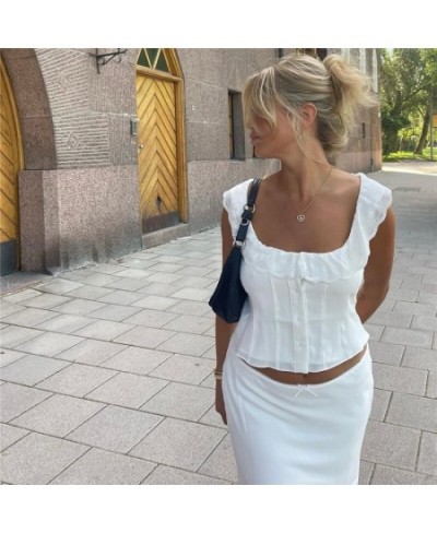 Fairycore Crop Top White Ruffles Lace Square Collar Sleeveless Tanks 2000s Women Vest y2k Aesthetic T Shirt Streetwear $26.52...