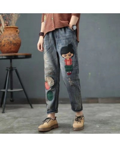 High Waist Loose Plus Size Jeans Women's Embroidery Spring Autumn and Winter Elastic Waist Casual Retro Harem Pants Women $61...