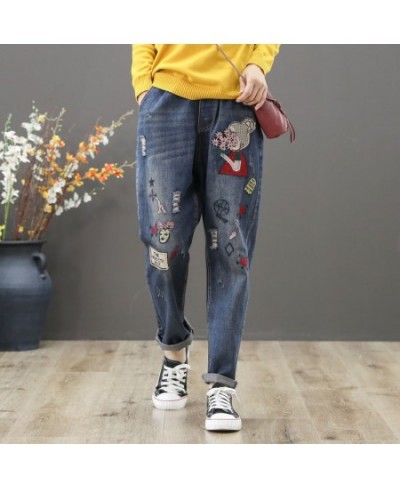 High Waist Loose Plus Size Jeans Women's Embroidery Spring Autumn and Winter Elastic Waist Casual Retro Harem Pants Women $61...