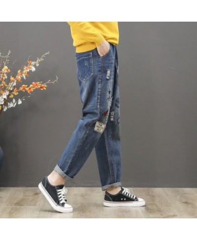 High Waist Loose Plus Size Jeans Women's Embroidery Spring Autumn and Winter Elastic Waist Casual Retro Harem Pants Women $61...