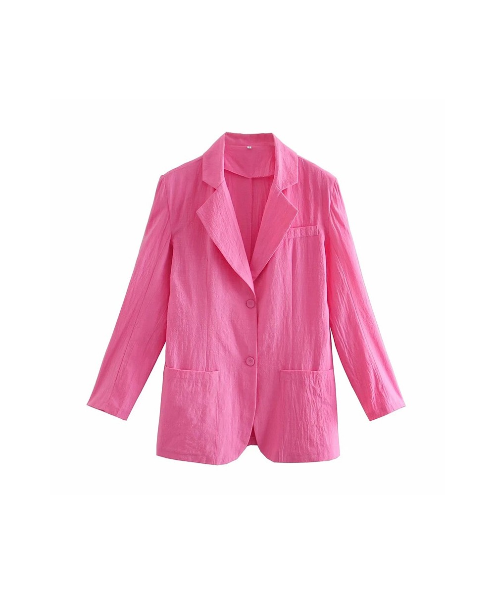 Women Notched Single Breasted Pocket Coats Casual Pink Loose Blazers Office Lady Long Sleeve Oversize Coat 2023 Fashion Suit ...