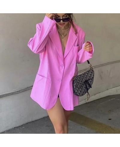 Women Notched Single Breasted Pocket Coats Casual Pink Loose Blazers Office Lady Long Sleeve Oversize Coat 2023 Fashion Suit ...