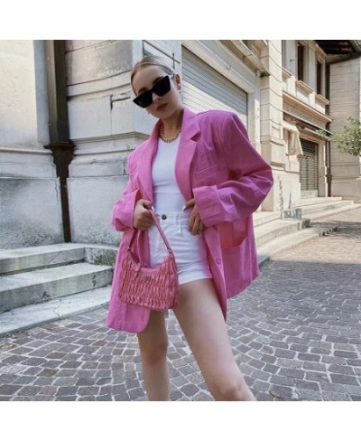 Women Notched Single Breasted Pocket Coats Casual Pink Loose Blazers Office Lady Long Sleeve Oversize Coat 2023 Fashion Suit ...