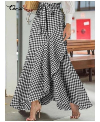 Celmia Women Plaid Long Skirt 2023 Summer Elegant Asymmetrical Ruffled High Waist Mujer Faldas Casual Pleat Mermaid Jupe Long...