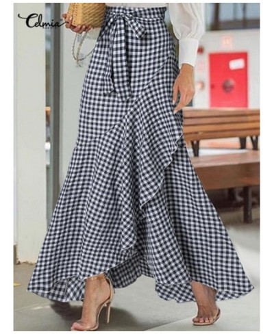 Celmia Women Plaid Long Skirt 2023 Summer Elegant Asymmetrical Ruffled High Waist Mujer Faldas Casual Pleat Mermaid Jupe Long...