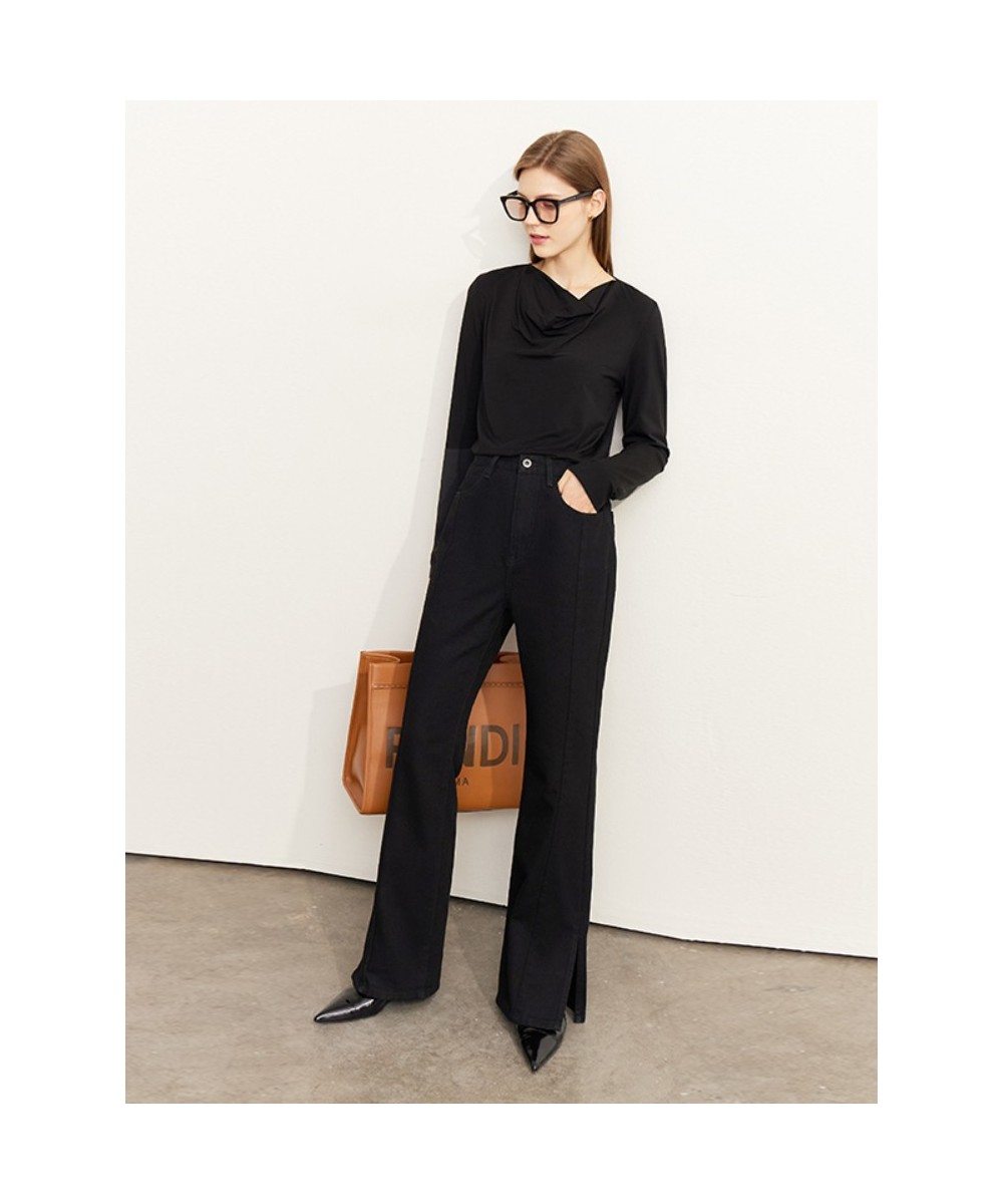 2022 Autumn New Velvet Warm Jeans Loose Slit Thick Denim Pants Women's Black Straight Wide Leg Pants 12241205 $85.24 - Jeans