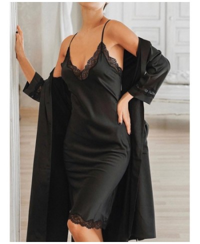 Lace Robes For Women 2 Piece Sets Black Three Quarter Sleeve Robe Female Sexy Spaghetti Strap Night Dress Casual Sleepwear $3...