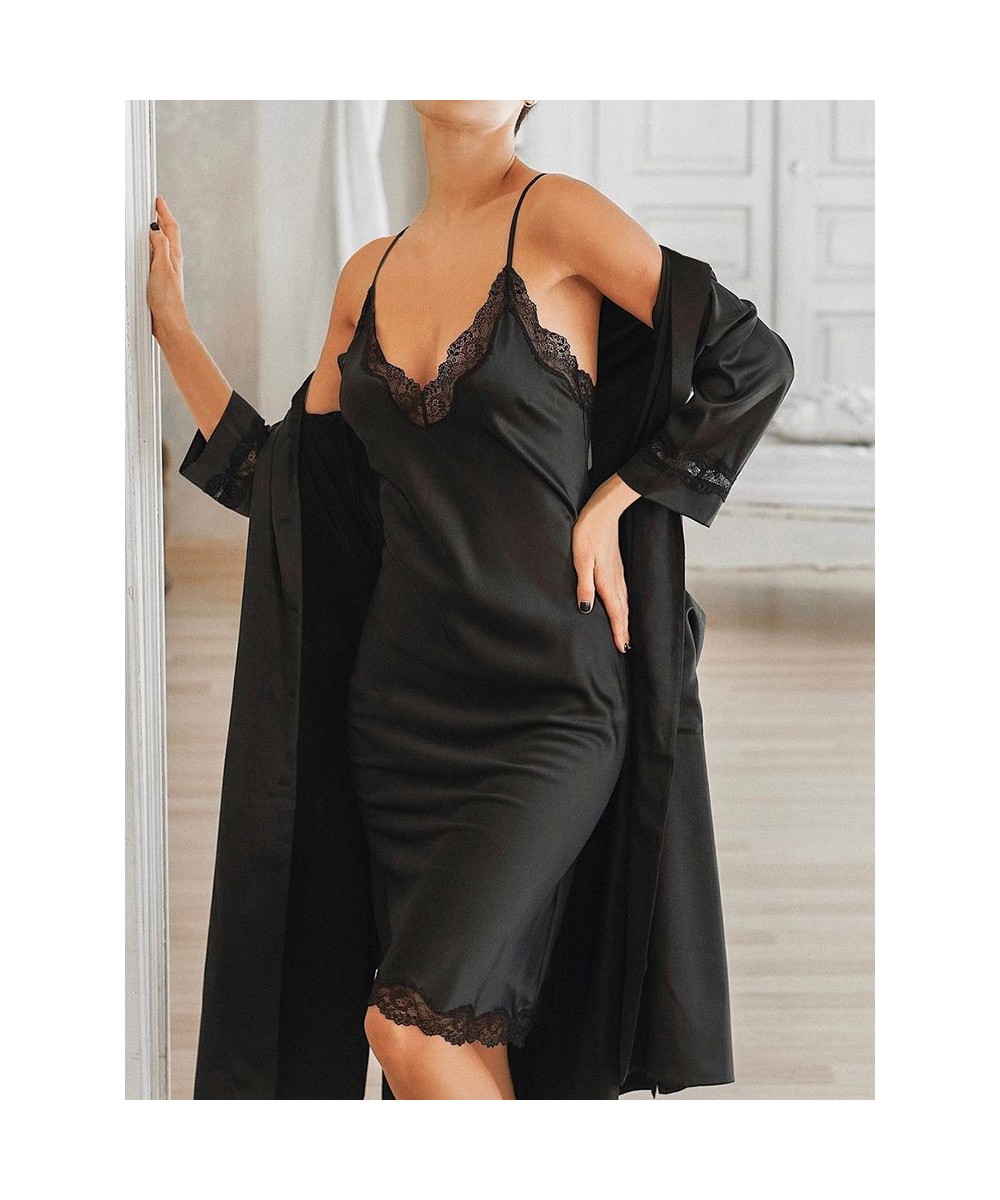 Lace Robes For Women 2 Piece Sets Black Three Quarter Sleeve Robe Female Sexy Spaghetti Strap Night Dress Casual Sleepwear $3...