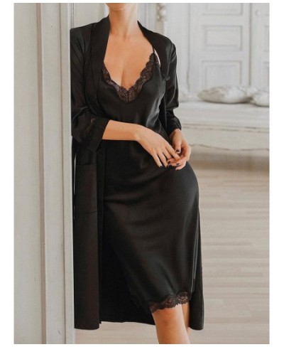 Lace Robes For Women 2 Piece Sets Black Three Quarter Sleeve Robe Female Sexy Spaghetti Strap Night Dress Casual Sleepwear $3...