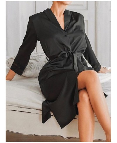 Lace Robes For Women 2 Piece Sets Black Three Quarter Sleeve Robe Female Sexy Spaghetti Strap Night Dress Casual Sleepwear $3...