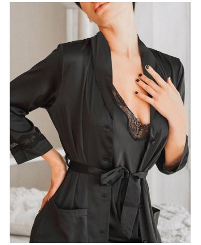 Lace Robes For Women 2 Piece Sets Black Three Quarter Sleeve Robe Female Sexy Spaghetti Strap Night Dress Casual Sleepwear $3...