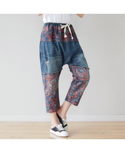 Flower Printed Patchwork Denim Trousers Ladies Summer Design 2023 Japan Style Jeans Women Casual Ripped Harem Pants Big Size ...