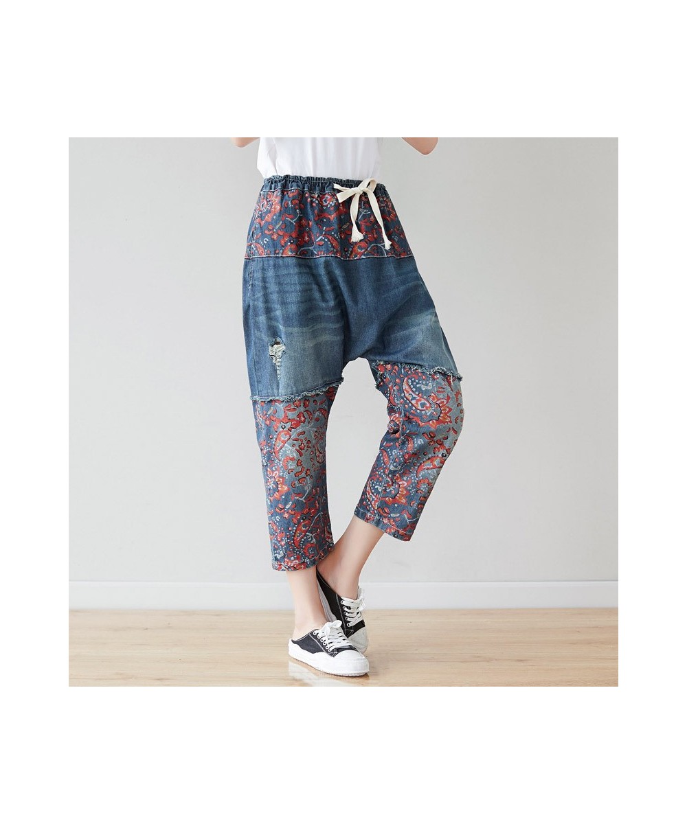 Flower Printed Patchwork Denim Trousers Ladies Summer Design 2023 Japan Style Jeans Women Casual Ripped Harem Pants Big Size ...